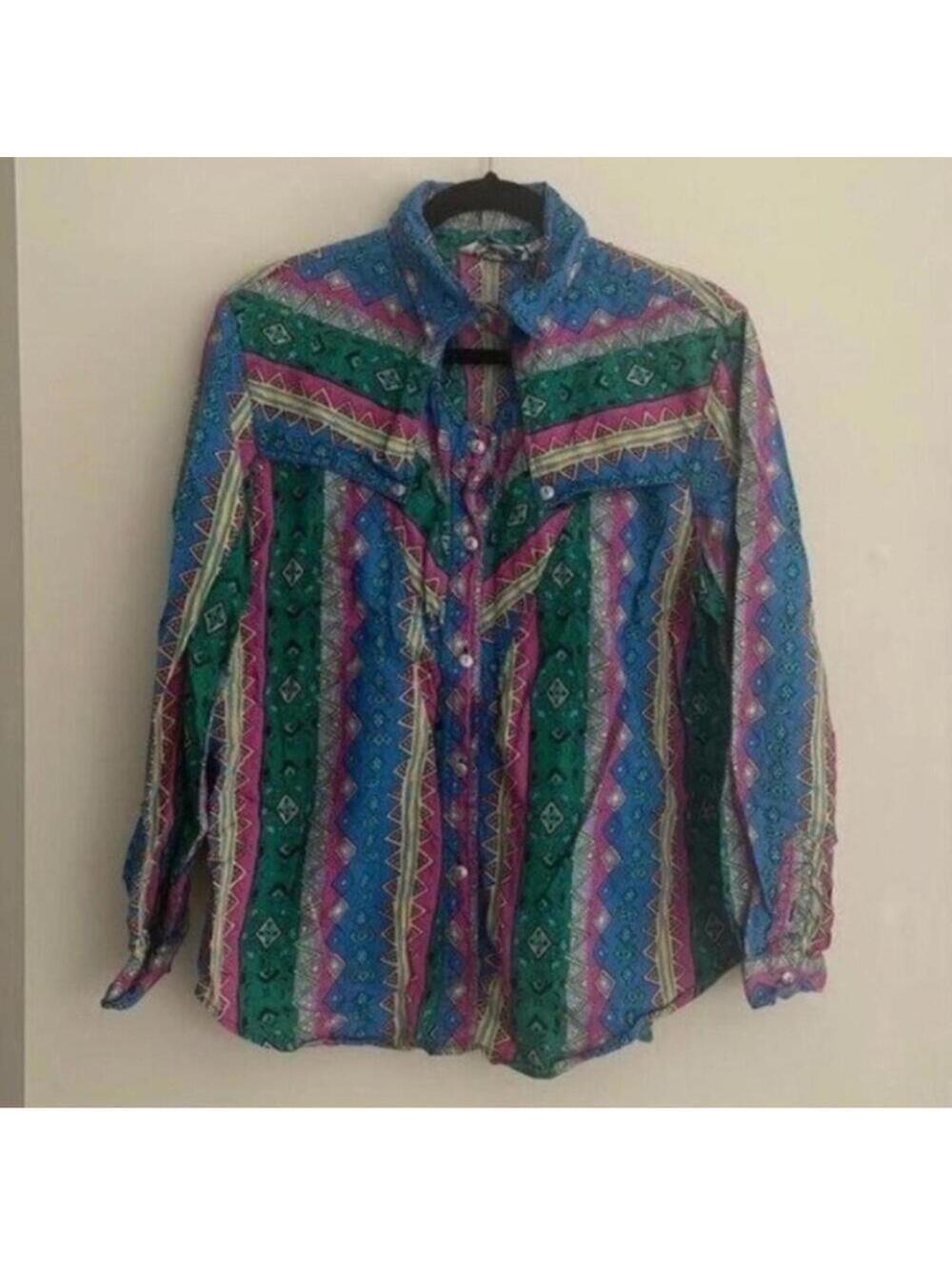 Rodeo Western Wear Bright Colored Southwestern Long Sleeve Button Down Shirt